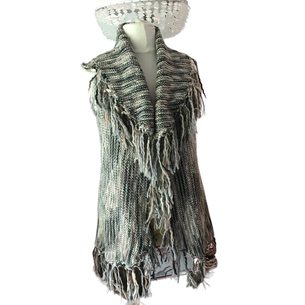 Chicos Cardigan Vest Sleeveless Fringed Knit Wool Blend Hippie Sz2 (12)